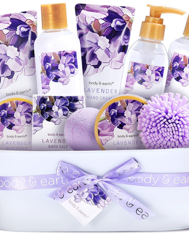 BODY & EARTH Gift Baskets For Women 11 Pcs Lavender Spa Gifts For Women with Bubble Bath Body Lotion Sets, Bath and Body Gifts Set For Women Christmas Gifts for Women Spa Gift Sets