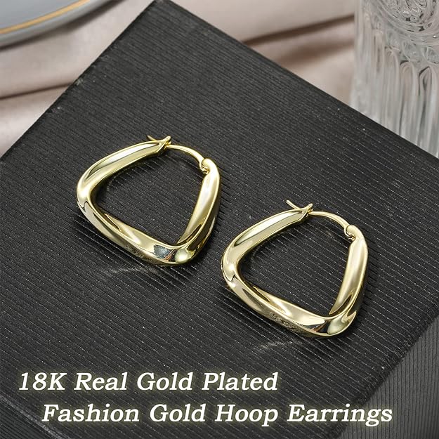 KesaPlan Thick Gold Hoop Earrings for Women,18K Gold Plated Sterling Silver Chunky Hoop Earrings Fashion Geometry Square Earrings Gold Jewelry for Gifts