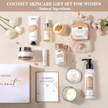 12 PCS Coconut Spa Gifts Set for Women Gift Basket for Women Spa Bath Gift