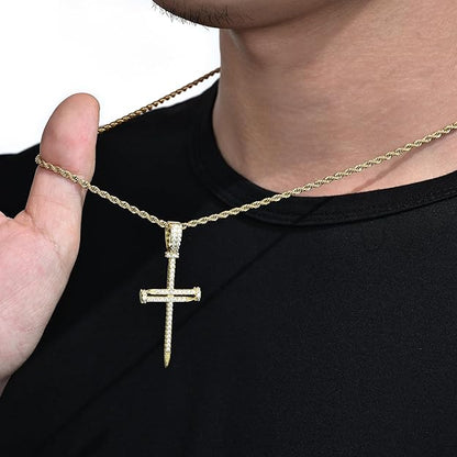 925 Sterling Silver Nail Cross Pendant Necklace Chain for Men Women Iced Out 14K Gold White Gold Plated Christian Jewelry with Gift Box