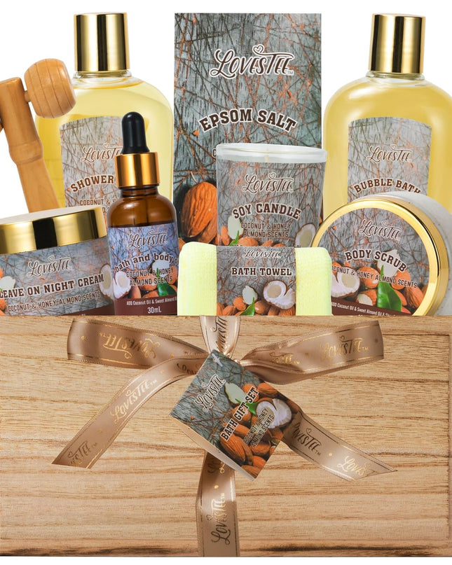 Christmas 10 Pc Spa Gift Set for Women - Gifts for Her Spa Kit Bubble Bath Spa Gift Basket for Women with Epsom Salt, Bath & Body Oil, Body Scrub, Candle, Wood Massage Tool - Bath Set Spa Basket