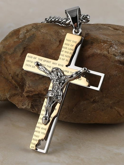 HZMAN Men's Stainless Steel Cross Crucifix Bible Prayer Pendant Necklace 22+2" Chain