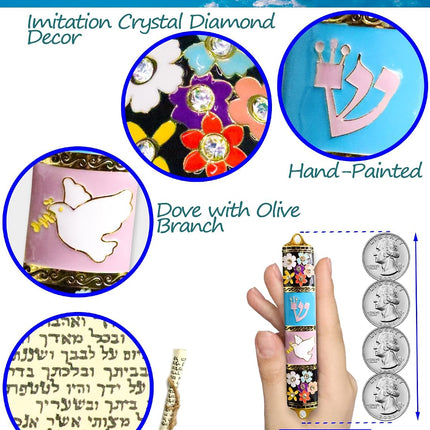 Exquisite Enamel Design Mezuzah with Scroll, Easy Install Use Double-Sided Tape, Dove with an Olive Branch Theme Mezuzah for Door with Crystal Diamond Accent for Any Jewish Occasions, 3.8”