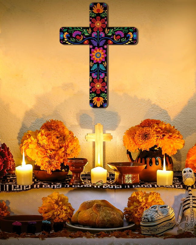 Floral Cross Wall Decor Hand Painted Decorative Inspirational Wooden Cross Spanish Style Wall Cross Mexican Art Wall Decor Mexican Crucifix for Home Room Church Decoration (Retro Style)