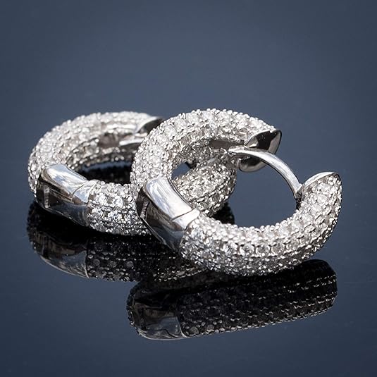 Fully Iced Cz White Gold Plated Sterling Silver 3D Honey Comb Set Hoop Earrings