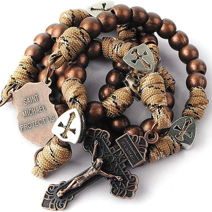 Large and Heavy Antique Bronze Metal Beads Rugged Durable Paracord Rosary Necklace with St.Michael Center Piece and Pardon Crucifix for Men