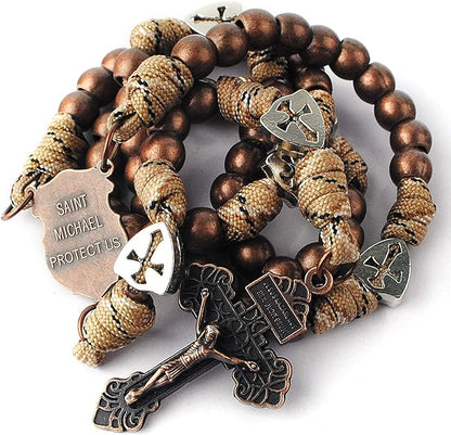 Large and Heavy Antique Bronze Metal Beads Rugged Durable Paracord Rosary Necklace with St.Michael Center Piece and Pardon Crucifix for Men