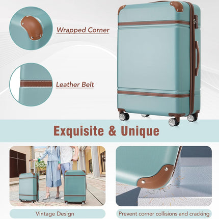 Merax Luggage Set, 3 Piece Luggage with Cosmetic Case, Vintage Hardcase Suitcase with Wheels, Expandable Luggage Airline Approved(Blue Green,20"+24"+28")