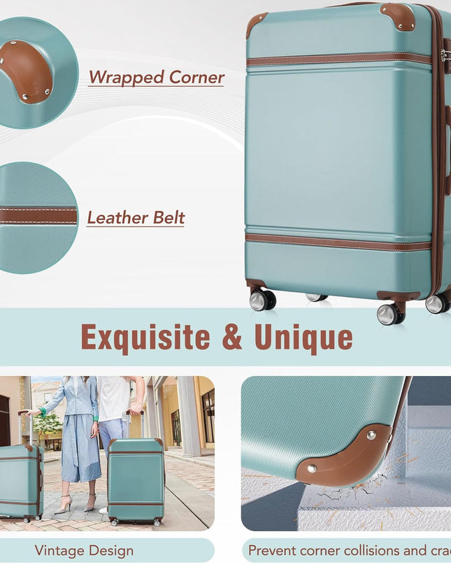 Merax Luggage Set, 3 Piece Luggage with Cosmetic Case, Vintage Hardcase Suitcase with Wheels, Expandable Luggage Airline Approved(Blue Green,20"+24"+28")