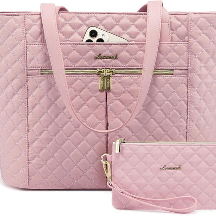 LOVEVOOK Laptop Bag for Women 15.6 inch,Diamond Quilted Work Tote Bags Womens Laptop Tote Bag Computer Shoulder Bags,Stylish Travel Tote Bag Laptop Purse Case Briefcase Handbag with Clutch Purse,Pink