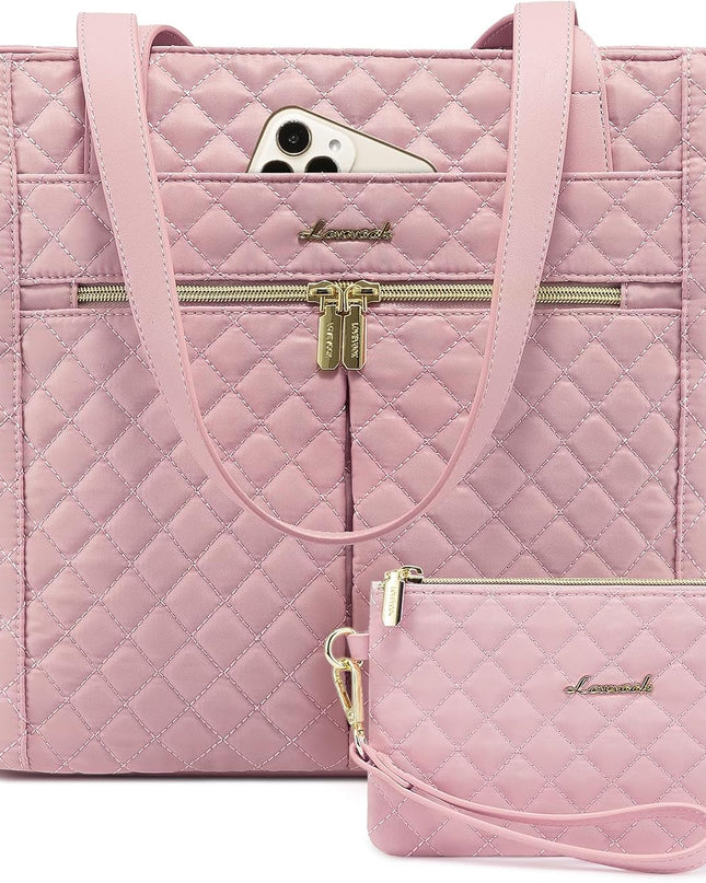 LOVEVOOK Laptop Bag for Women 15.6 inch,Diamond Quilted Work Tote Bags Womens Laptop Tote Bag Computer Shoulder Bags,Stylish Travel Tote Bag Laptop Purse Case Briefcase Handbag with Clutch Purse,Pink