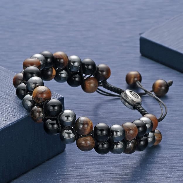 Triple Protection Bracelet Lava Rock Men's Stone Bead Bracelet -Adjustable Tiger Eye