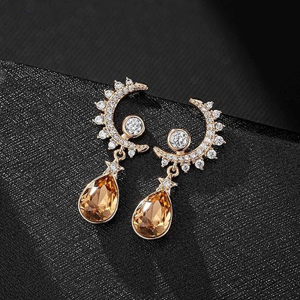 EVEVIC Austrian Crystal Teardrop Moon Star Celestial Dangle Earrings for Women 14K Rose Gold Plated Hypoallergenic Drop Earring Jewelry Gifts