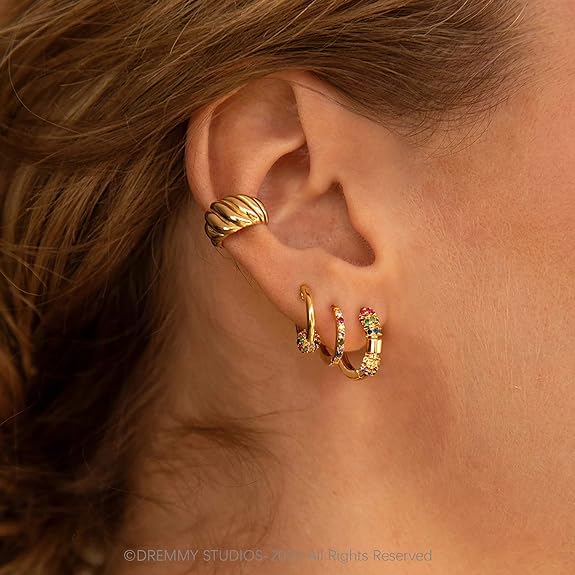 Dremmy Studios Dainty CZ Huggie Hoop Earrings 14K Gold Plated Chunky Simple Cute Thick Round Frill Bead Ball Starburst Cuff Earrings Cubic Zirconia Hoop Earrings Minimalist Personalized Gift for Her