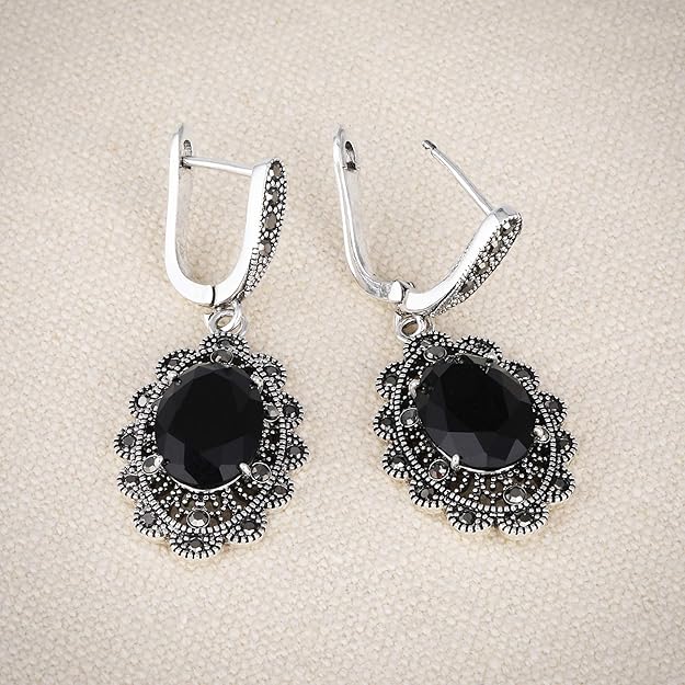 Black Marcasite Dangle Earrings for Women Vintage Black Onyx Stone Drop Earring for Women Hypoallergenic Jewelry