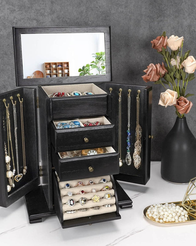Emfogo Jewelry Box for Women, Rustic Wooden Jewelry Boxes & Organizers with Mirror, 4 Layer Jewelry Organizer Box Display for Rings Earrings Necklaces Bracelets (Black)