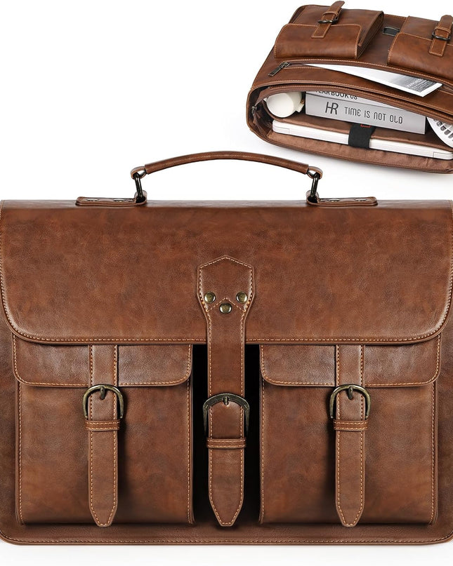 RAINSMORE Messenger Bag for Men 15.6 Inch Leather Vintage Laptop Briefcase Large Laptop Bag Waterproof Satchel Bag Computer Shoulder Bag for Office Work Travel College, Brown