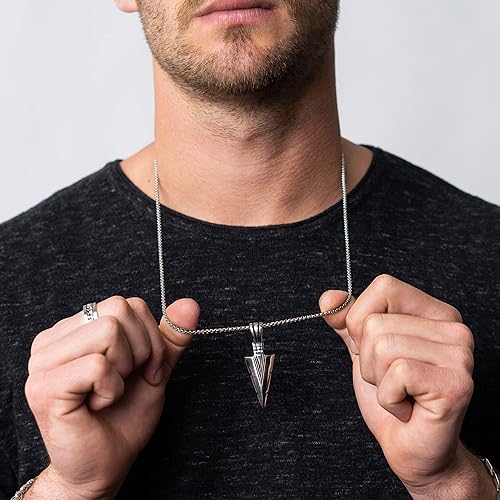 Handmade Arrowhead Pendant Necklace For Men, Stainless Steel 24" chain