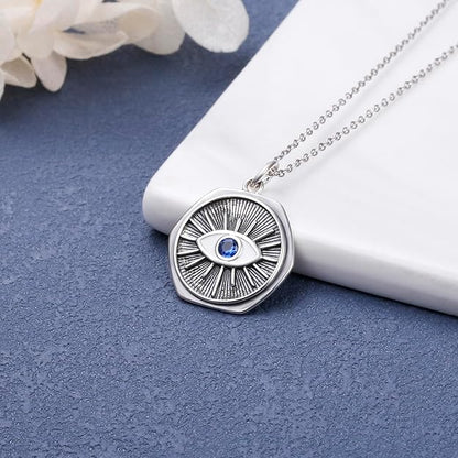 Sterling Silver Coin Necklace for Women, 14K Evil Eye Necklace Vintage Coin Gold Pendant Necklaces for Women Teen