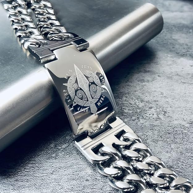 bahamut Mens Viking Odin Gungnir Stainless Steel Cool Cuban Chain Link Bracelet for Men,Norse Cuff Wristband Jewelry