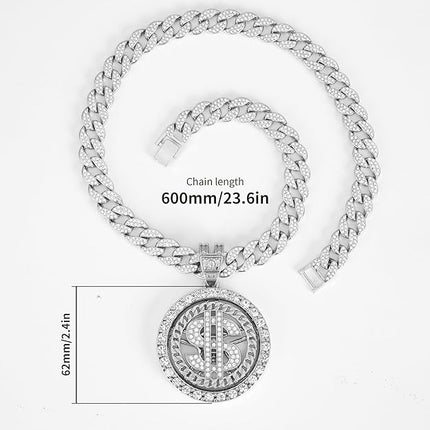 Cuban chain fake necklace 18K gold-plated hip-hop necklace circular US dollar logo rotatable pendant, Men's and Women's Necklace