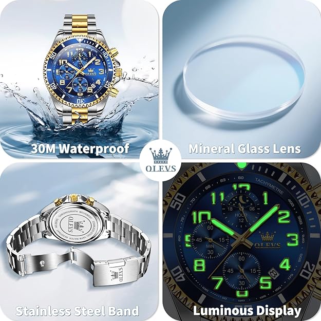 OLEVS Watches for Men Stainless Steel Dress Men Watch with Date Big Face Chronograph Waterproof Luxury Fashion Watch Blue/Black/Gold/Green/Silver Face Relojes para Hombres