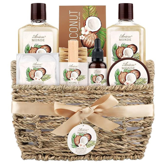 Bath & Shower Spa Basket Gift Set, Coconut Scent, with Shower Gel, Bubble Bath,Body Lotion, Bath Bomb,Bath Salt, Bath and Body Gift Box for Women