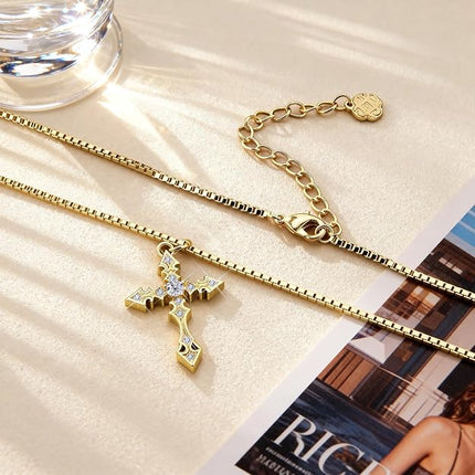 Gold Cross Necklace CZ Dainty Pendant 14K Gold Plated Chain for Daily Wear