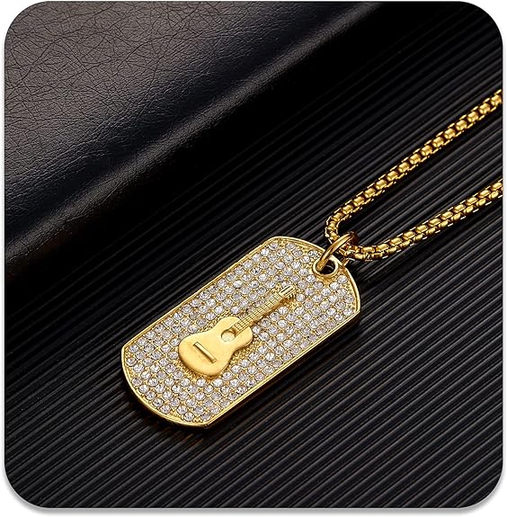 PEAS 18K Gold Plated Jewelry Music Guitar Dog Tag Pendant Iced Out Necklace