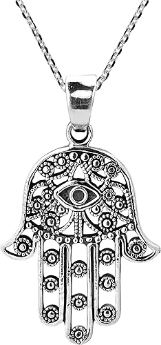 AeraVida Henna Hamsa Hand of Fatima with Evil Eye .925 Sterling Silver Pendant Necklace