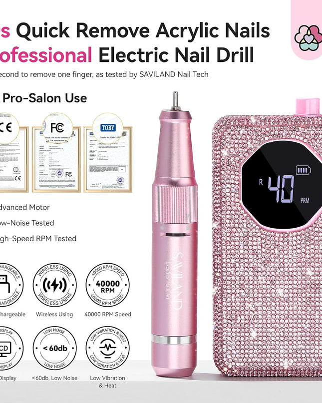 SAVILAND Professional Nail Drill 40000 RPM: Portable Diamond Nail Drill Kit Rechargeable 4000 mAh Electric Nail File for Thick Acrylic Nails with Ceramic Nail D rill Bits Sanding Bands Nail Tech Salon