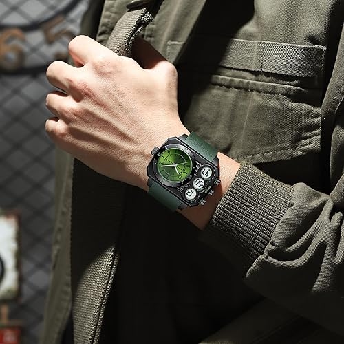 findtime Big Face Watch for Men Square Large Face Cool Mens Watches with Three Time Zone Countdown Alarm LED Stopwatch Unique Cool Wristwatch