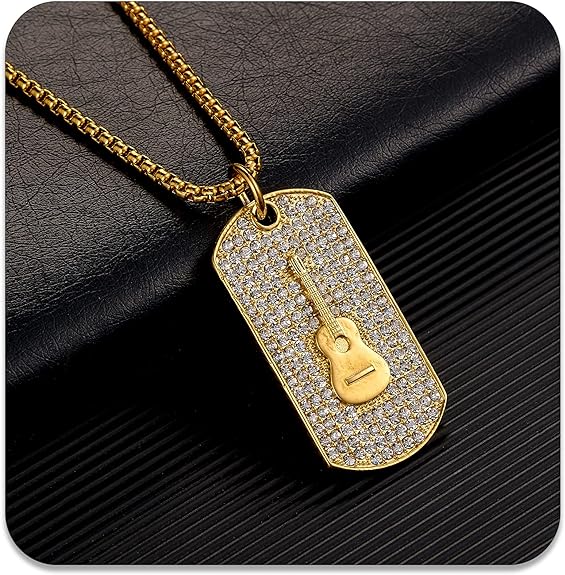PEAS 18K Gold Plated Jewelry Music Guitar Dog Tag Pendant Iced Out Necklace