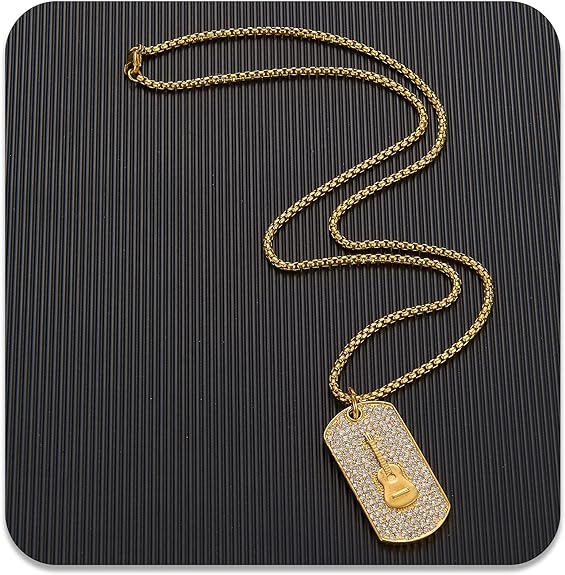 PEAS 18K Gold Plated Jewelry Music Guitar Dog Tag Pendant Iced Out Necklace