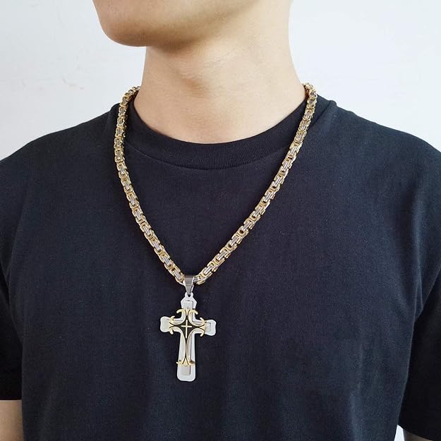 MEALGUET Stainless Steel Crucifix Cross Pendant Necklace, Men's Cross Necklace with Chunky Byzantine Chain/Rolo Chain, Gift for men