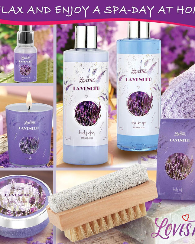 Relaxing Lavender Spa Bath Gift Baskets for Women-Girls, Christmas, Birthday, Bath and Body Set-Kit Includes Candle, Essential Oil, Body Scrub, Bath Salt, Body Lotion, Shower Gel and Body Scrub Brush