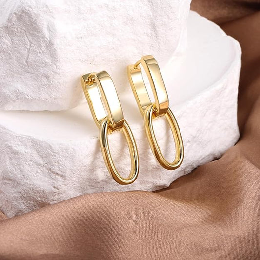 14K Gold Plated 925 Sterling Silver Post Dangle Earrings For Women Trendy Drop Earrings Small Sterling Silver Earrings Square Huggie Paperclip Dangly Hoop Silver Hoops Fashion Earrings Jewelry