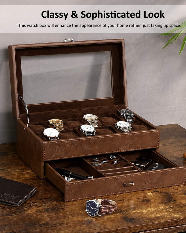 BEWISHOME Watch Box for Men Luxury Watch Organizer Faux Leather Watch Case with Jewelry Drawer, Real Glass Top, Metal Hinge, Brown SSH12Z