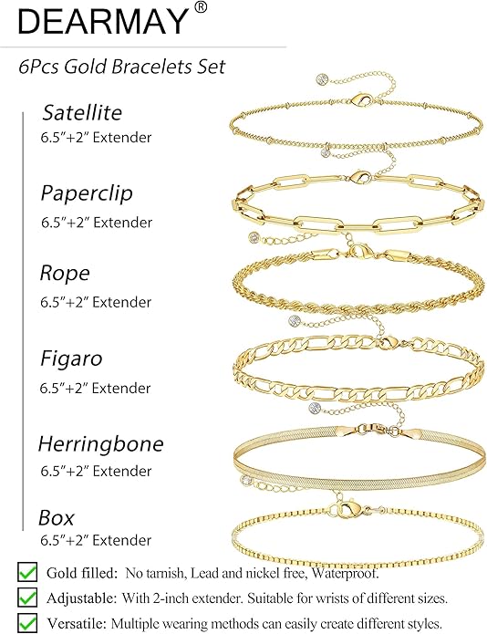 DEARMAY Gold Bracelets for Women Waterproof, 14K Real Gold Jewelry Sets Trendy Thin Dainty Stackable Cuban Link Paperclip Chain Bracelet Pack Fashion Accessories Gifts for Womens