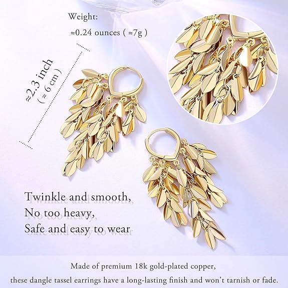 18K Gold Plated Leaf Hoop Earrings for Women, Long Tassel Dangle Drop Earrings, Chunky Gold Chandelier Earrings