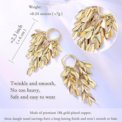 18K Gold Plated Leaf Hoop Earrings for Women, Long Tassel Dangle Drop Earrings, Chunky Gold Chandelier Earrings