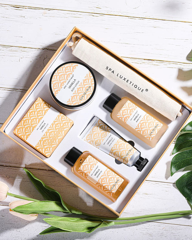 Spa Luxetique Spa Gifts for Women 6pc Vanilla Bath Sets Women Gift With Body Lotion, Shower Gel, Bubble Bath, Hand Cream, Bath and Body Gifts Set, Christmas Gifts