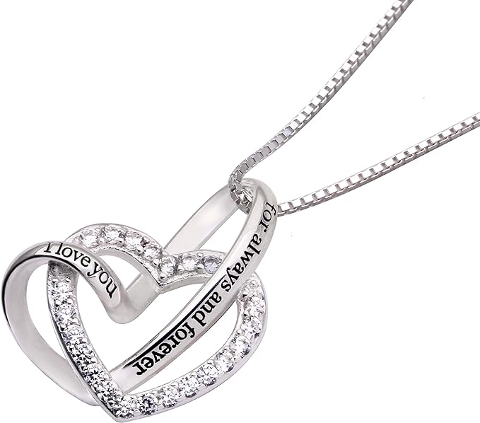 Jewelry Sterling Silver "I love you for always and forever" Love Heart Cubic Zirconia Necklace