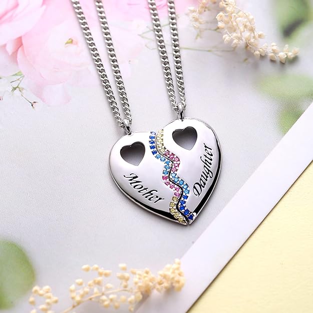 925 Sterling Silver Cz Best Friend Bestie Matching Broken Joined Half Split Love Heart Pendant Necklace for 2 Women Bff Friendship Mom Mommy Mother Daughter Jewelry Valentine Graduation Birthday Gifts