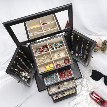 Emfogo Jewelry Box for Women, Rustic Wooden Jewelry Boxes & Organizers with Mirror, 4 Layer Jewelry Organizer Box Display for Rings Earrings Necklaces Bracelets (Black)