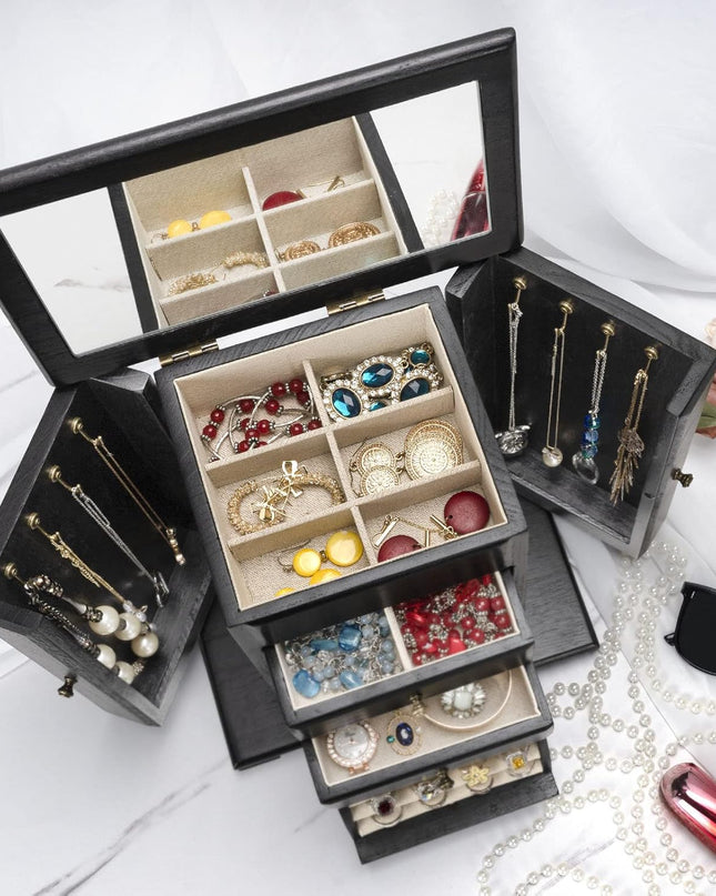 Emfogo Jewelry Box for Women, Rustic Wooden Jewelry Boxes & Organizers with Mirror, 4 Layer Jewelry Organizer Box Display for Rings Earrings Necklaces Bracelets (Black)