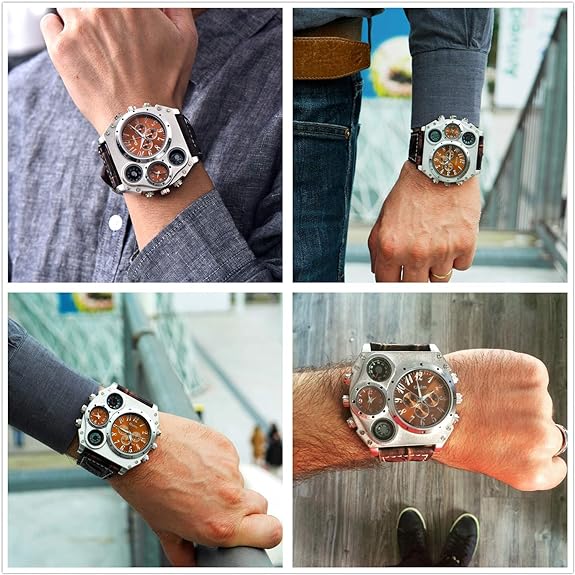 Avaner Mens Big Face Watch, Dual Time Zone Leather Strap Sport Watch, Analog Quartz Wrist Watch with Decorative Compass Thermometer Dial