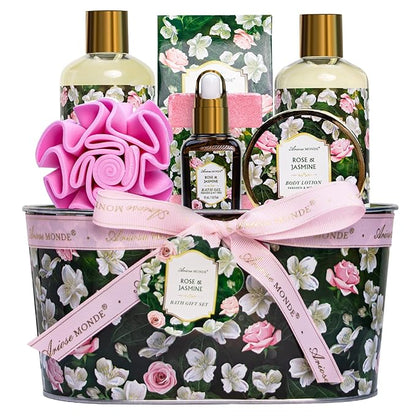 Gift Basket for Women - 8 Pc Rose & Jasmine Beauty & Personal Care Set - Home Bath Pampering Package for Relaxing - Spa Self Care Kit - Thank You, Birthday, Mom, Anniversary, Christmas Gift