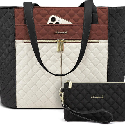 LOVEVOOK Laptop Bag for Women 15.6 inch,Diamond Quilted Work Tote Bags Womens Laptop Computer Shoulder Bags,Stylish Travel Tote Bags Laptop Purse Briefcase Handbag with Clutch Purse,Brown-Black-White