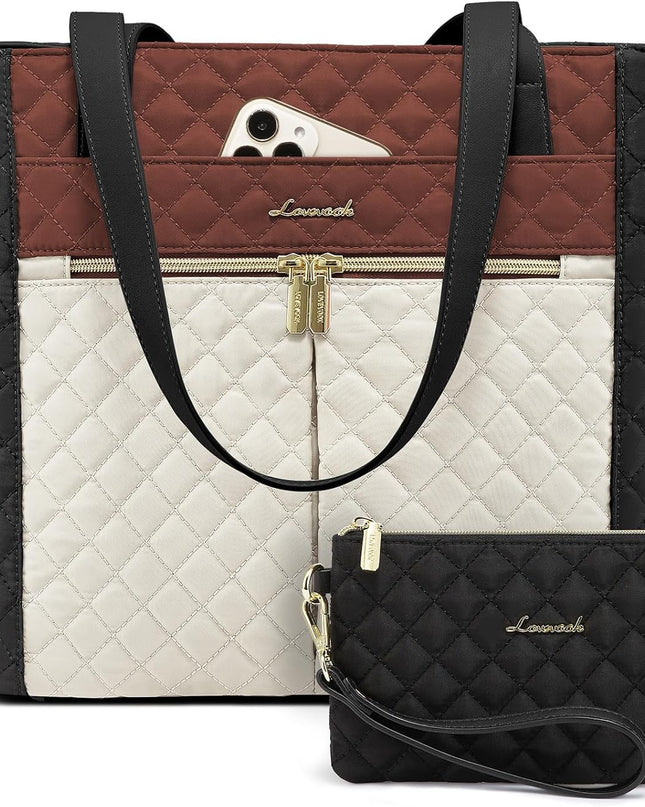 LOVEVOOK Laptop Bag for Women 15.6 inch,Diamond Quilted Work Tote Bags Womens Laptop Computer Shoulder Bags,Stylish Travel Tote Bags Laptop Purse Briefcase Handbag with Clutch Purse,Brown-Black-White
